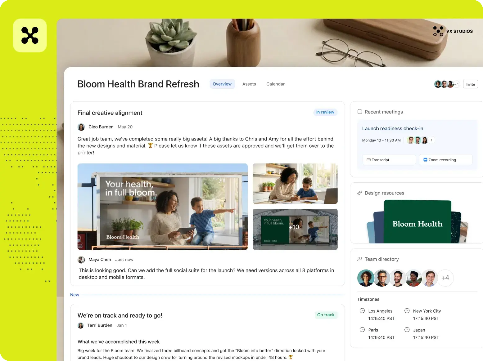 Asana UI for a "Bloom Health Brand Refresh" project. The feed shows a creative update with billboard mockups. A sidebar displays recent Zoom meetings, design resources, a team directory, and timezones.